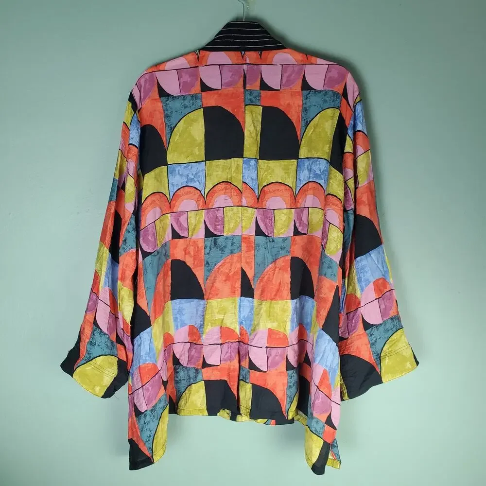 John Mark Artsy Boho LS Button Tunic Top Colorful Abstract Blouse Lagenlook 2X